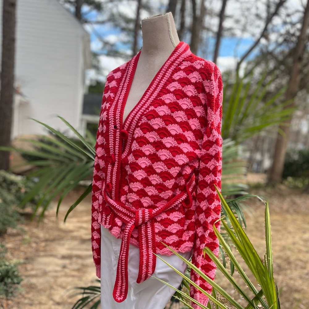 FARM Rio 🍃 HTF ✨ Fan Stitch Belted Crochet Cardigan, Red + Pink, Size Large, NEW - Picture 4 of 14